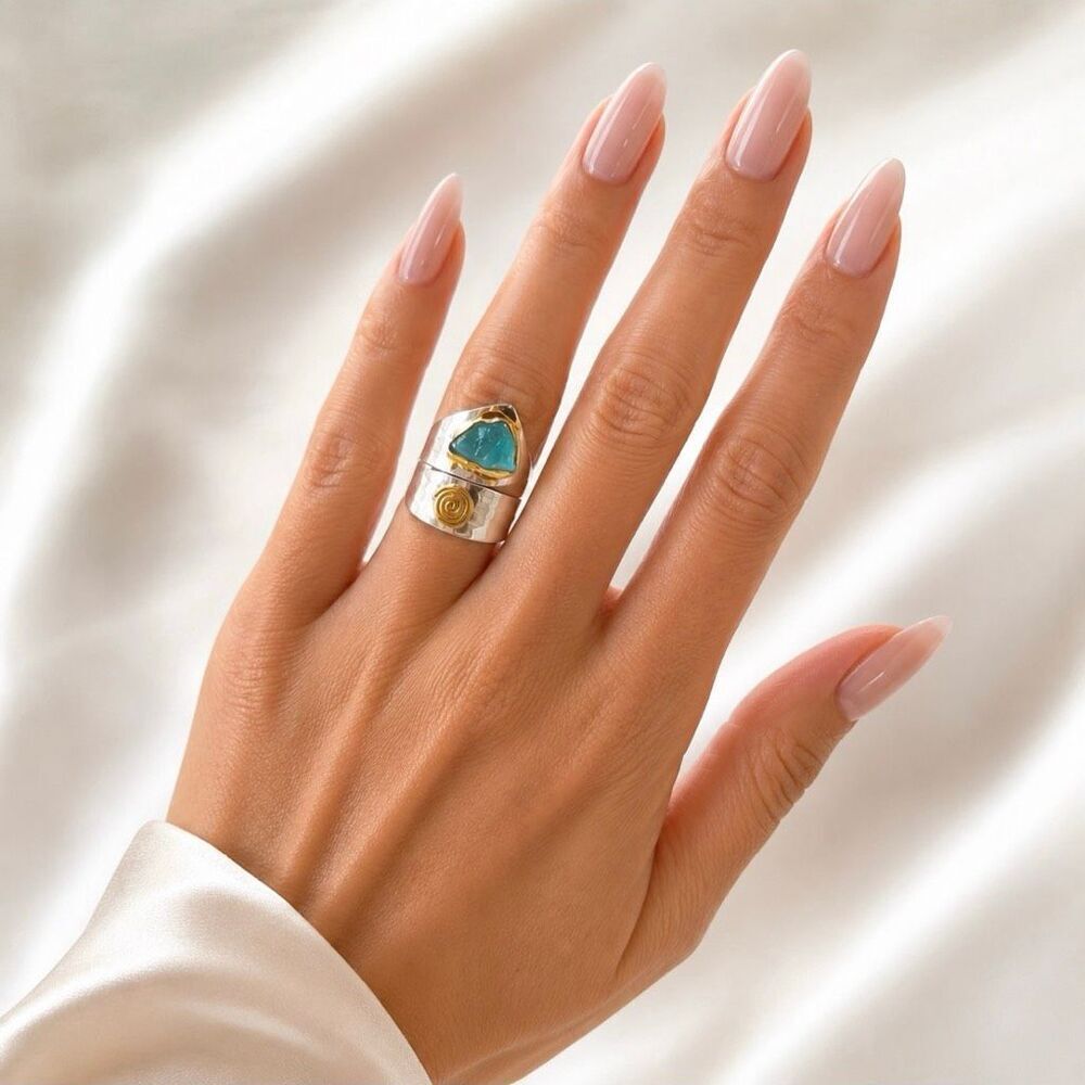NWT .925 Sz 7 Sterling Silver Pleated & Gold Neon Blue Apatite Bypass Ring - Picture 2 of 12